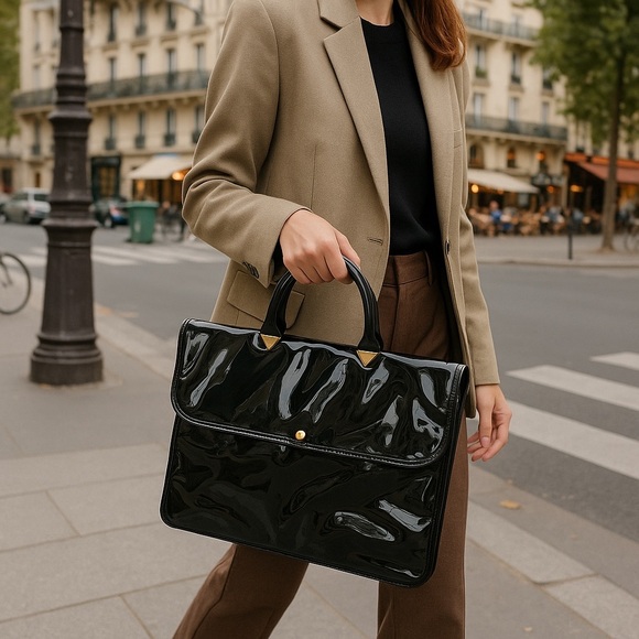 Ronay Handbags - VTG 60s Ronay Black Patent Leather Tote Bag Large Laptop Case Structured Gold